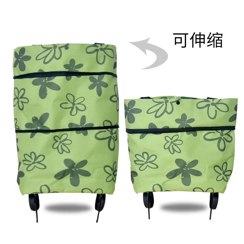A lime green folding shopping trolley bag with a floral pattern, shown from the side.