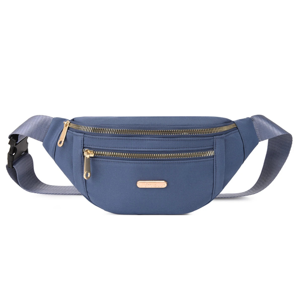 A navy blue multi-layer sports waist bag with a zippered front pocket and adjustable straps.