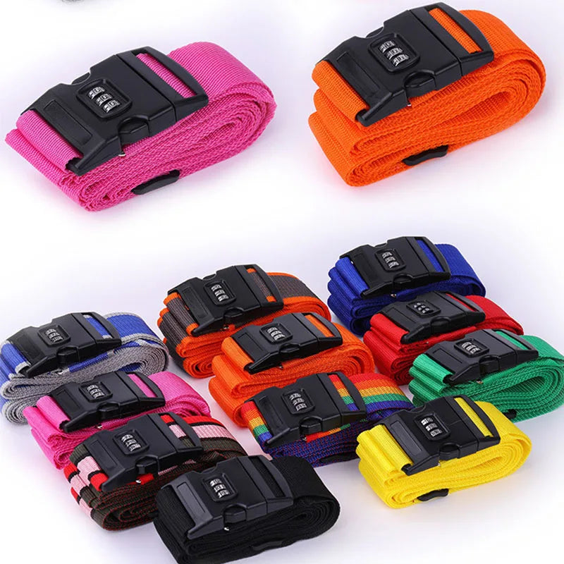 Assortment of black, pink, orange, blue, and green adjustable luggage cross straps with combination locks