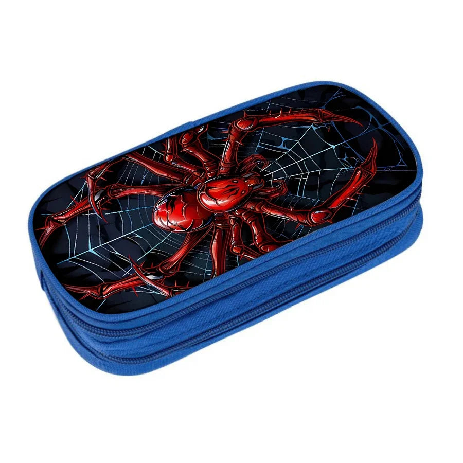 A blue pencil case with a black and red spider pattern design on the exterior.