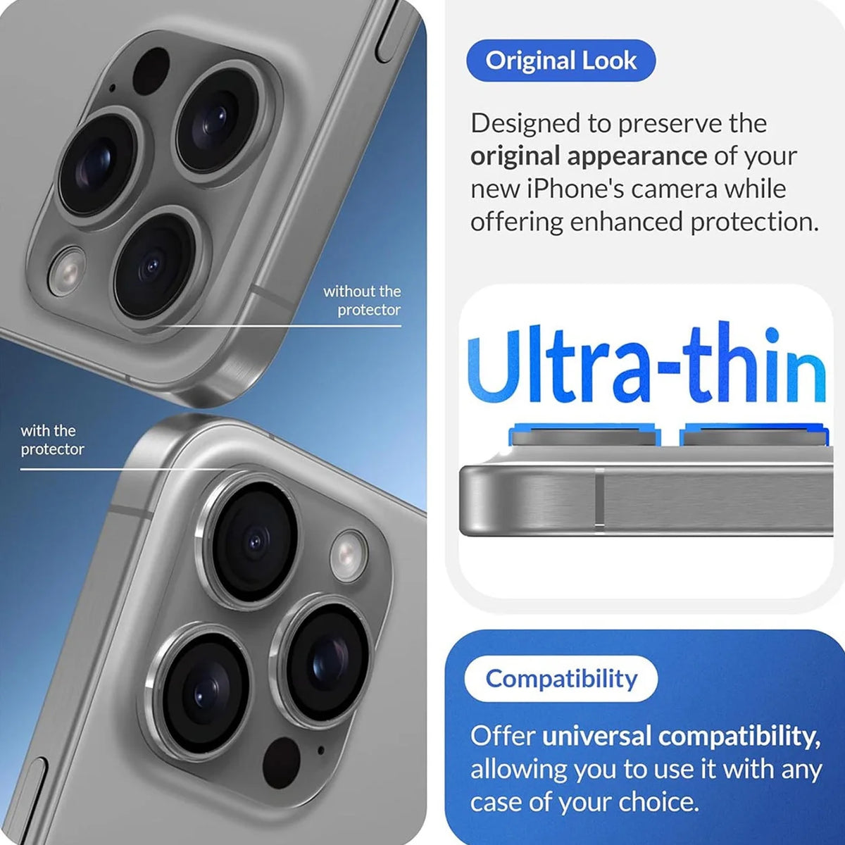 A comparison showing a phone camera module with and without a protector, highlighting its ultra-thin design and universal com