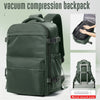 A dark olive green vacuum compression backpack shown with a manual vacuum pump.