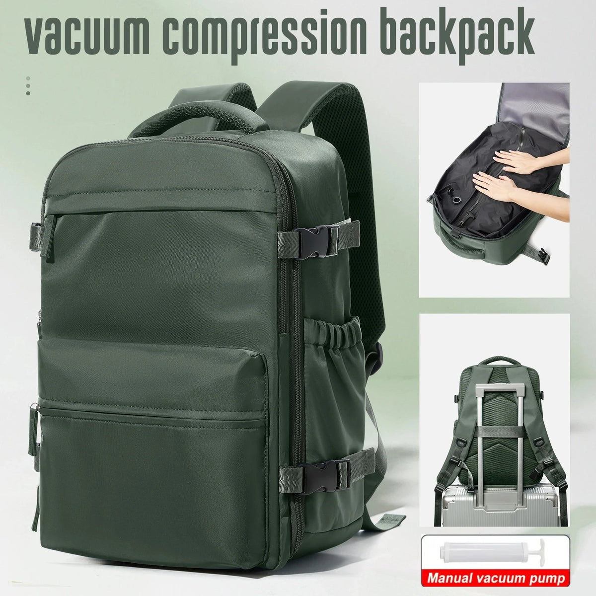 A dark olive green vacuum compression backpack shown with a manual vacuum pump.