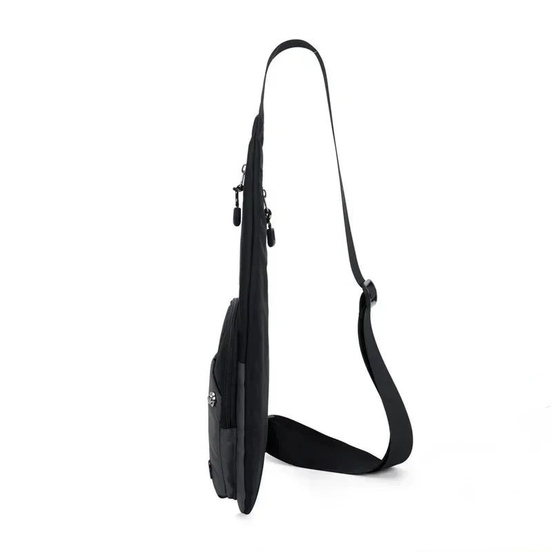 Black versatile crossbody sling bag with a long strap shown against a white background