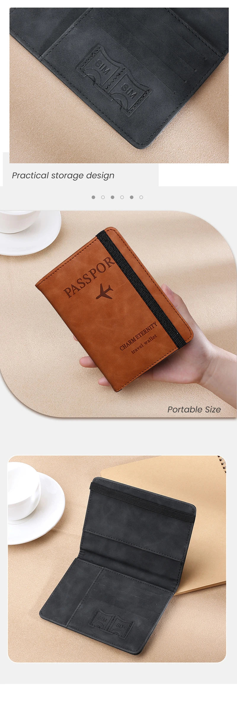 A brown leather passport wallet with a black sleeve and a gold-colored thread detail is shown being held by a hand.