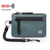A dark teal RFID blocking travel wallet with a black strap and carabiner attached.