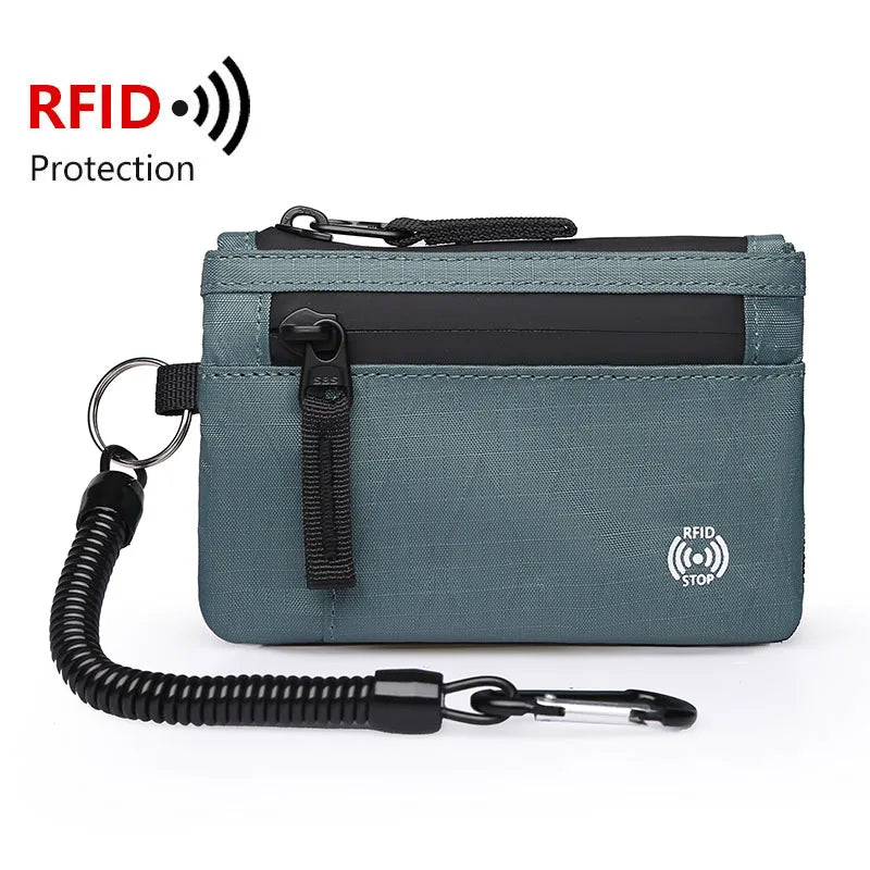 A dark teal RFID blocking travel wallet with a black strap and carabiner attached.