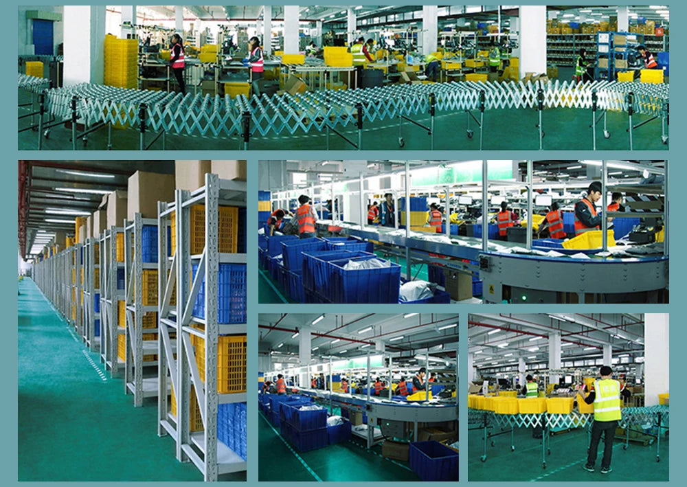 Factory interior showing flexible speaker stand covers and related equipment in a manufacturing environment.