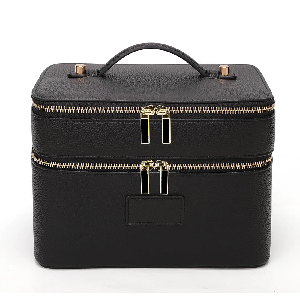 Black double-layer makeup storage case with gold accents and zipper closures