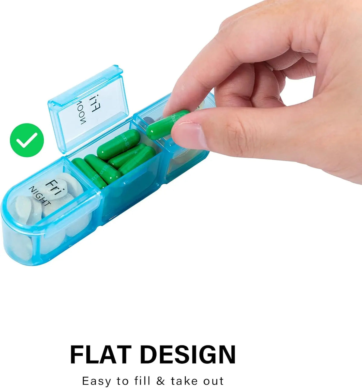 A hand is opening a blue weekly pill organizer with green capsules, showing the flat design for easy filling and taking out.