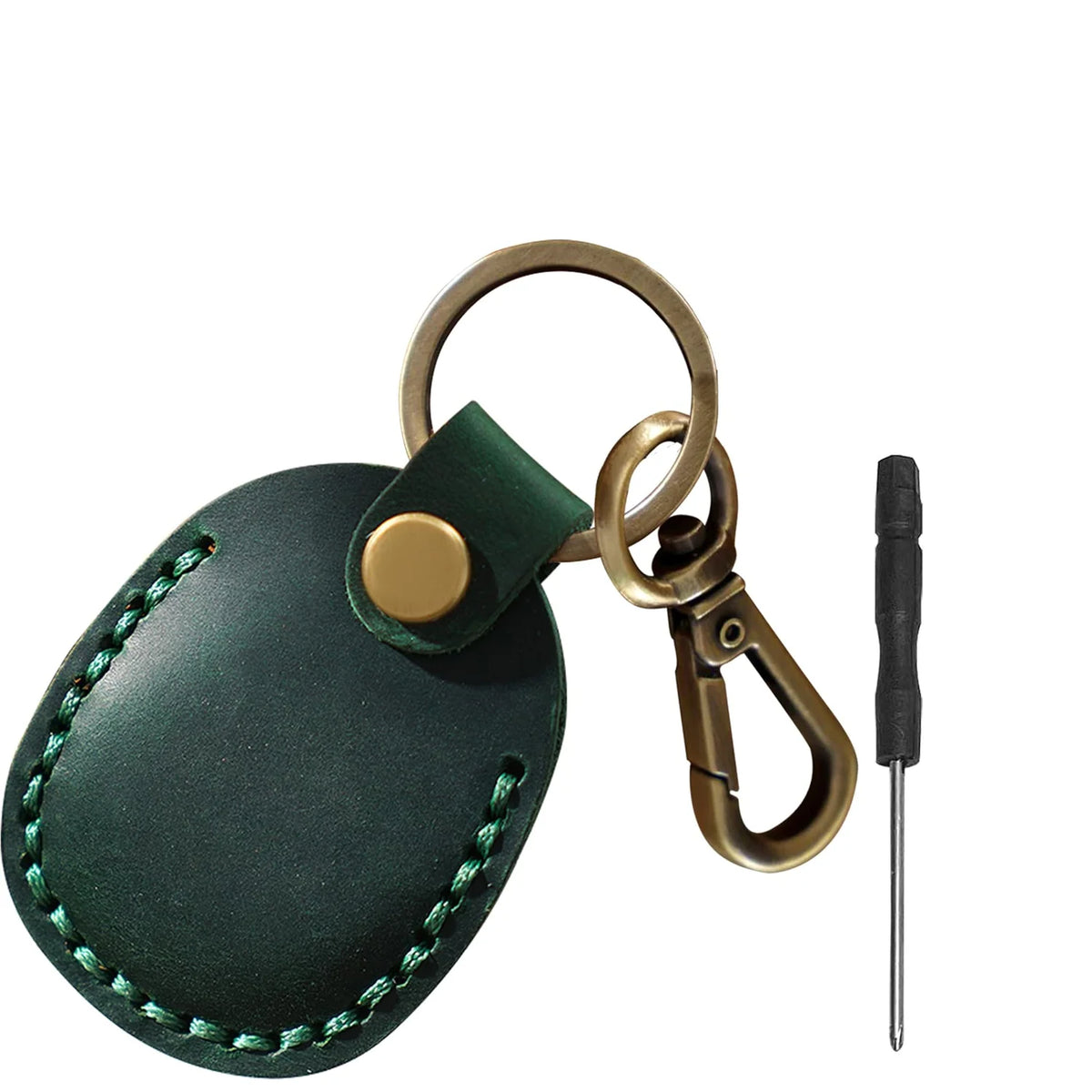 A brown MagSafe card wallet with a leather tag and a built-in pocket for an AirTag, attached to a key ring.