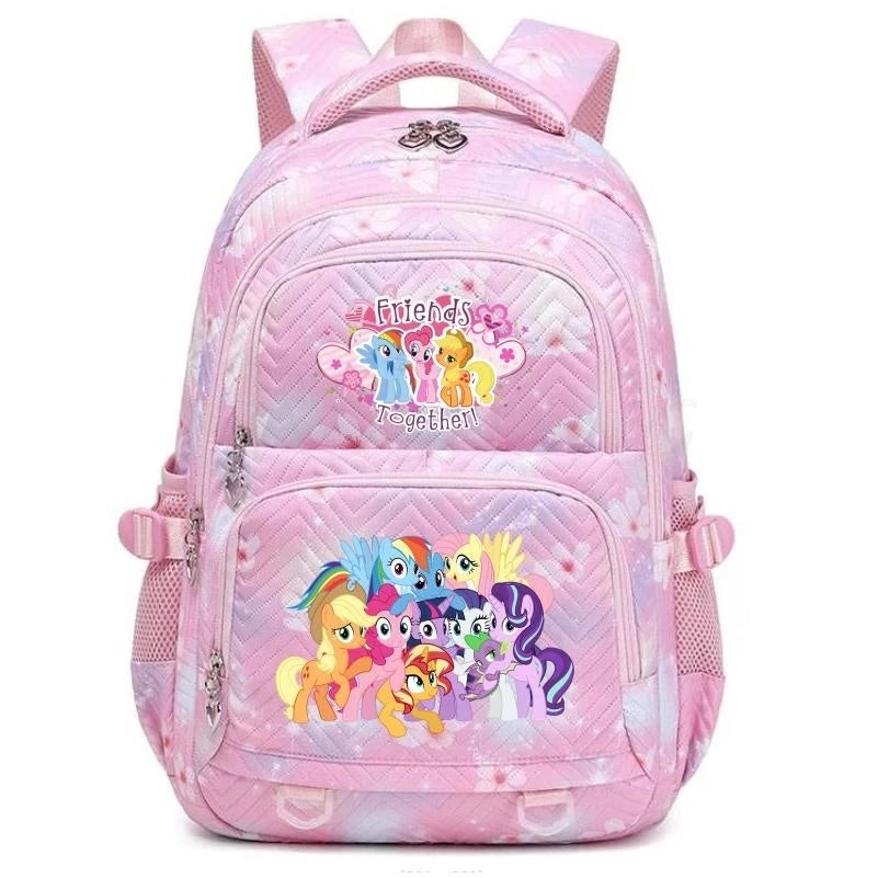 Pink backpack with a floral pattern featuring Disney characters