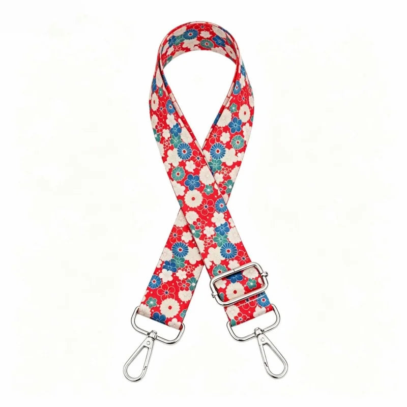 Red and blue floral patterned adjustable nylon shoulder strap for bags and purses