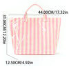 A pink and cream striped tote bag with handles shown from the front.