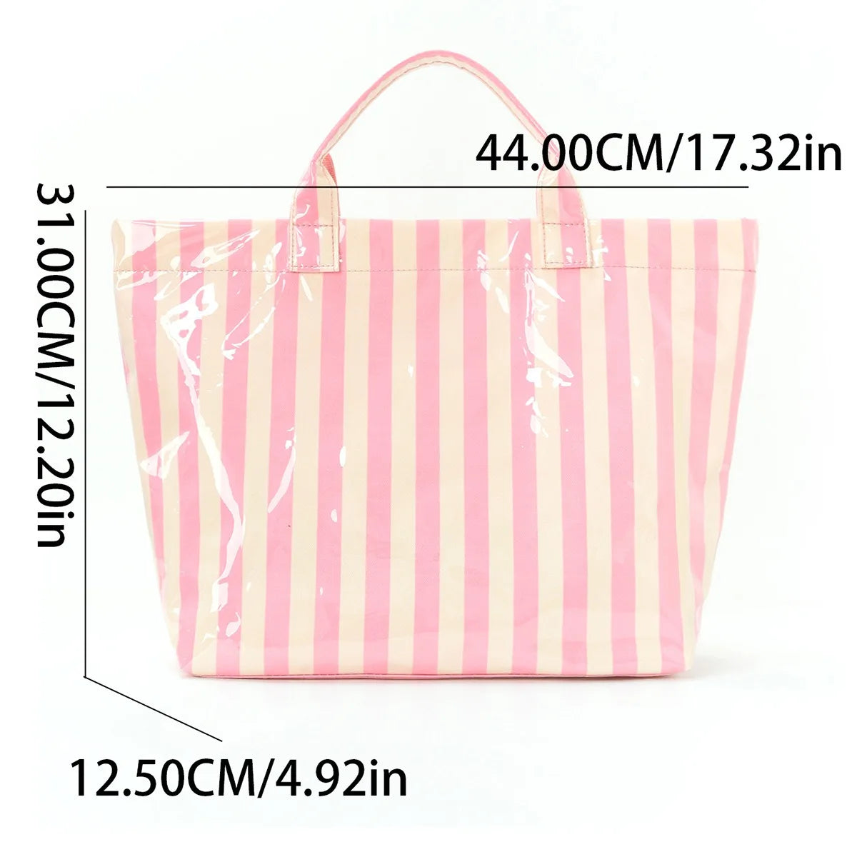 A pink and cream striped tote bag with handles shown from the front.