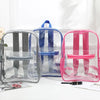 A collection of clear transparent PVC backpacks in blue, pink, and gray are displayed on a white surface.