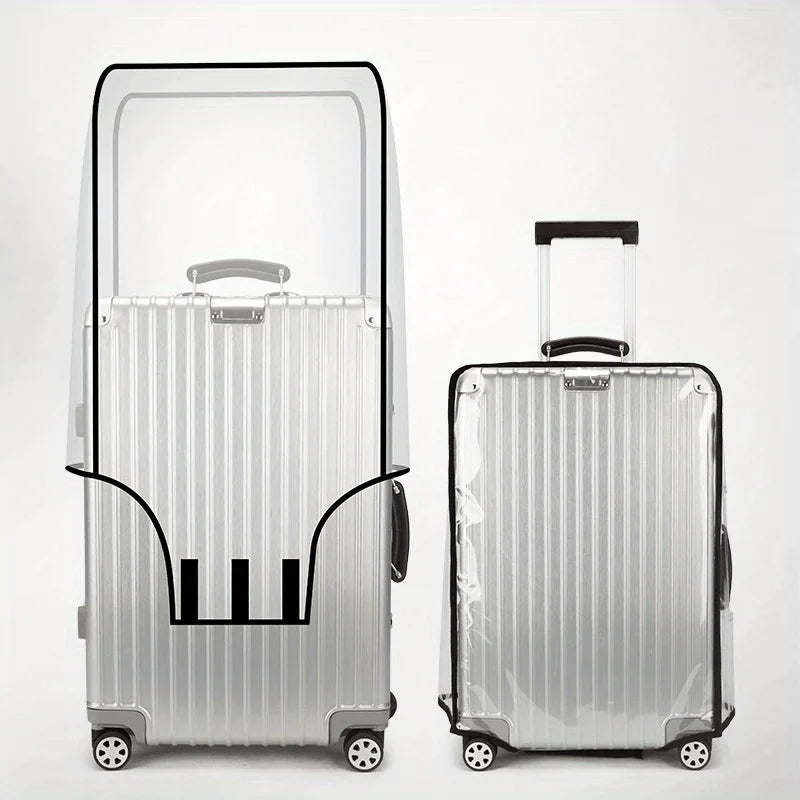 A silver transparent PVC luggage cover set consisting of two upright travel bags with black handles and wheels.