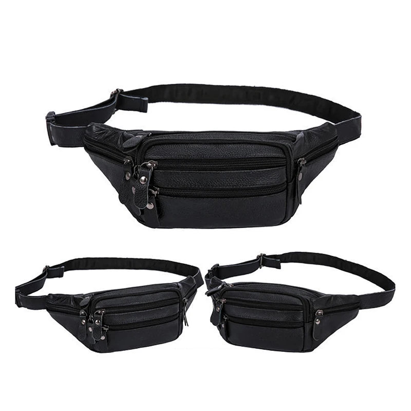 Sac à taille en cuir véritable noir pour homme avec sangle réglable et fermeture éclair