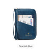 A navy blue RFID-blocking passport wallet with a zipper closure and a lanyard.