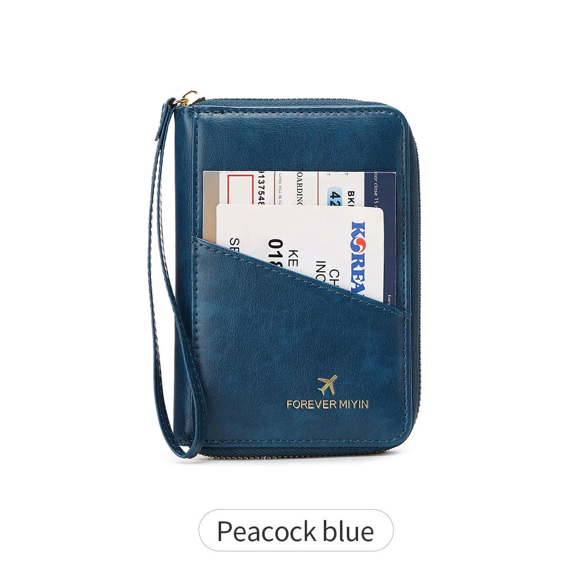 A navy blue RFID-blocking passport wallet with a zipper closure and a lanyard.