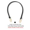 Black leather single shoulder strap with a gold buckle