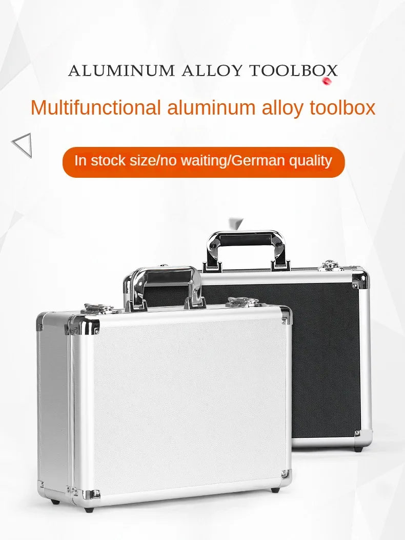 Boîte à outils en alliage d'aluminium argenté, mettant en valeur sa conception portable et durable.