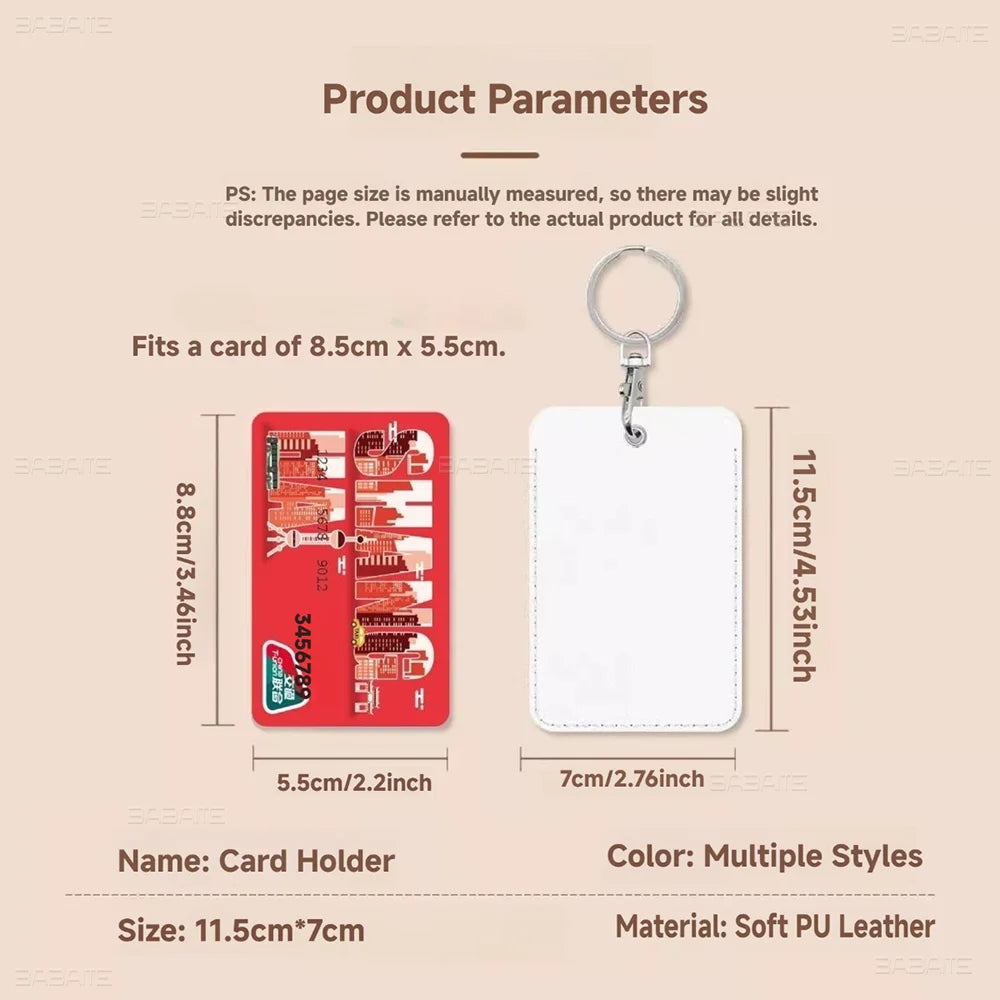 A white card holder with a red background and various decorative elements, made of soft PU leather.