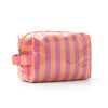 A glossy, striped cosmetic bag in shades of orange and purple is shown against a white background.