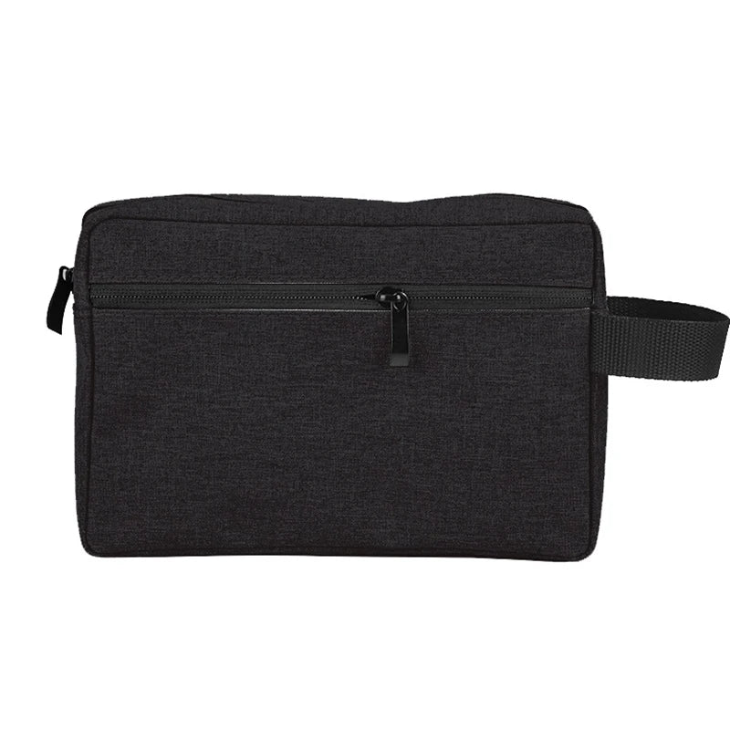 Sac organisateur de toilette imperméable noir avec compartiment zippé et sangle.