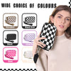 A woman holds a checkered multi-card wallet in black and white patterns, displayed alongside various color options.