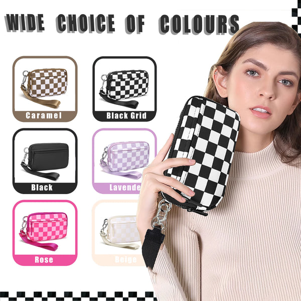 A woman holds a checkered multi-card wallet in black and white patterns, displayed alongside various color options.