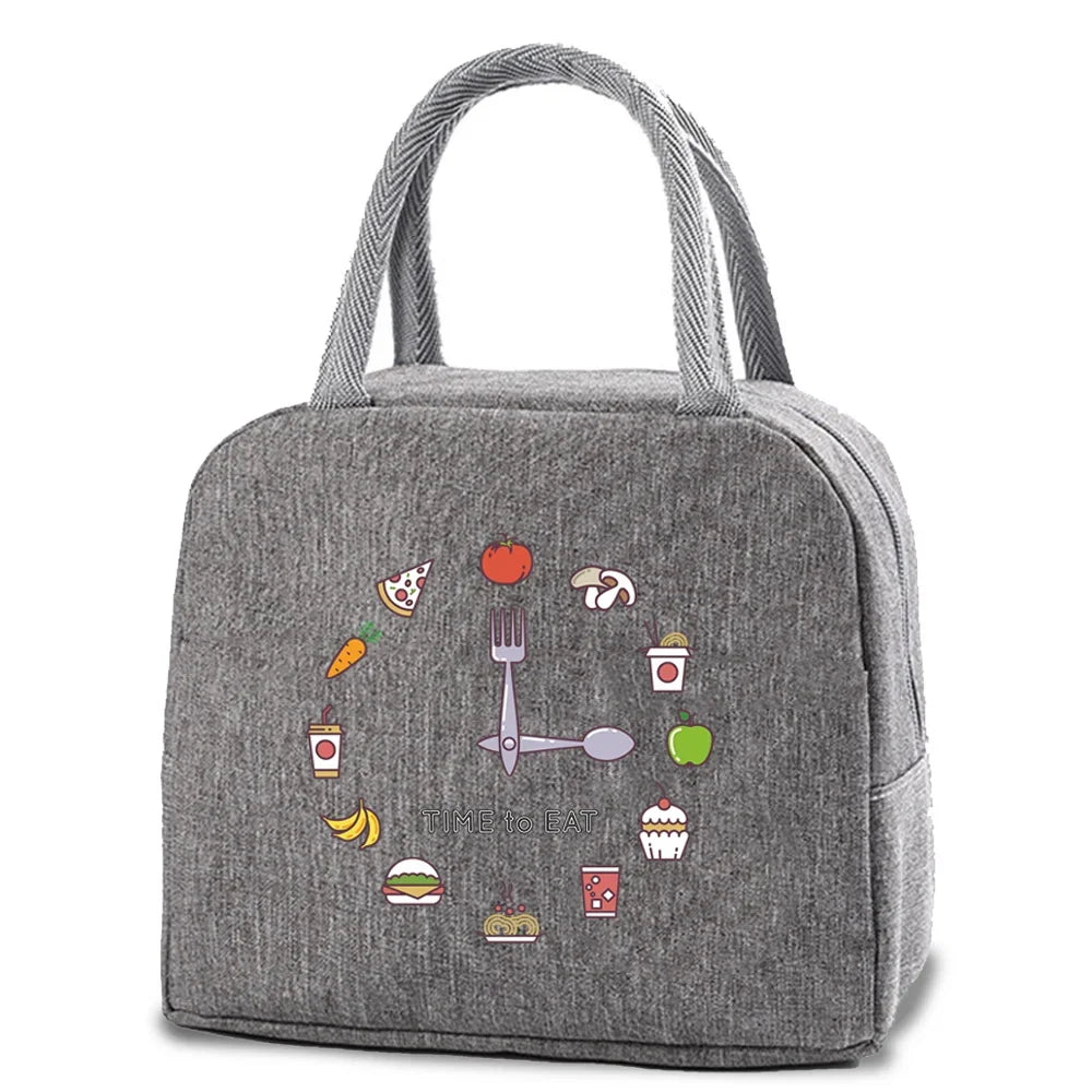 Gray insulated canvas lunch bag with a food-themed pattern on the front