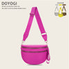A bright pink nylon crossbody bag with a strap and zipper is displayed against a light background.