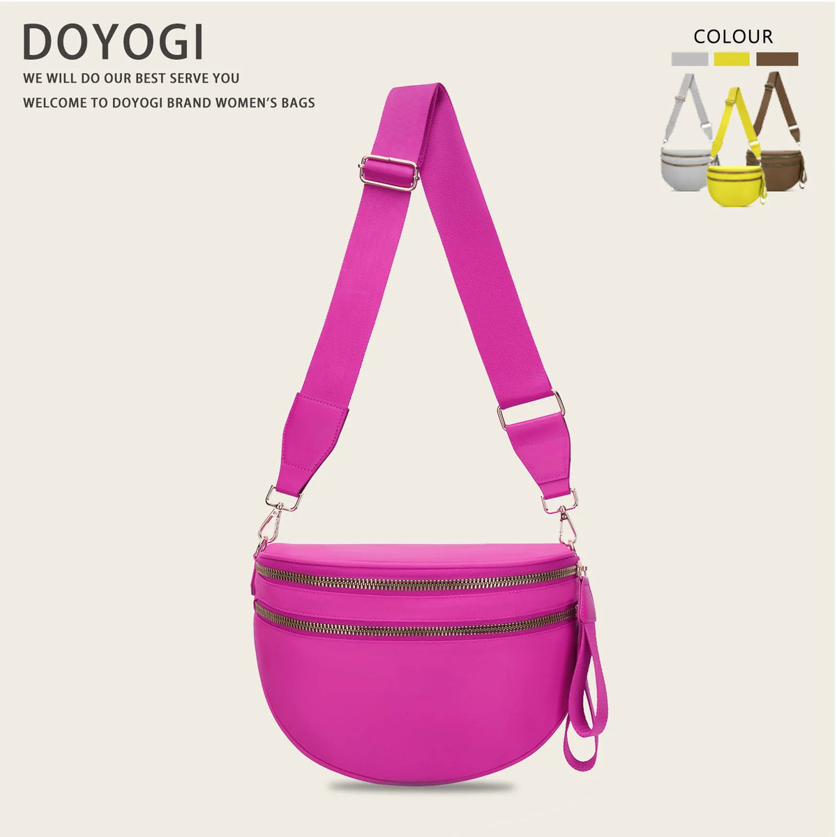 A bright pink nylon crossbody bag with a strap and zipper is displayed against a light background.