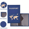 Funda de pasaporte azul oscuro de cuero PU suave con diseño de mapa mundial dorado.