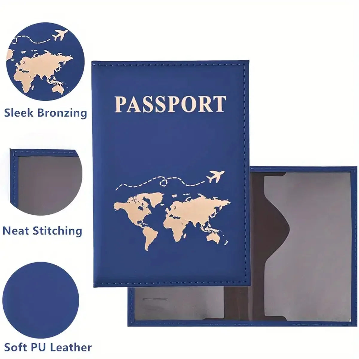 Funda de pasaporte azul oscuro de cuero PU suave con diseño de mapa mundial dorado.