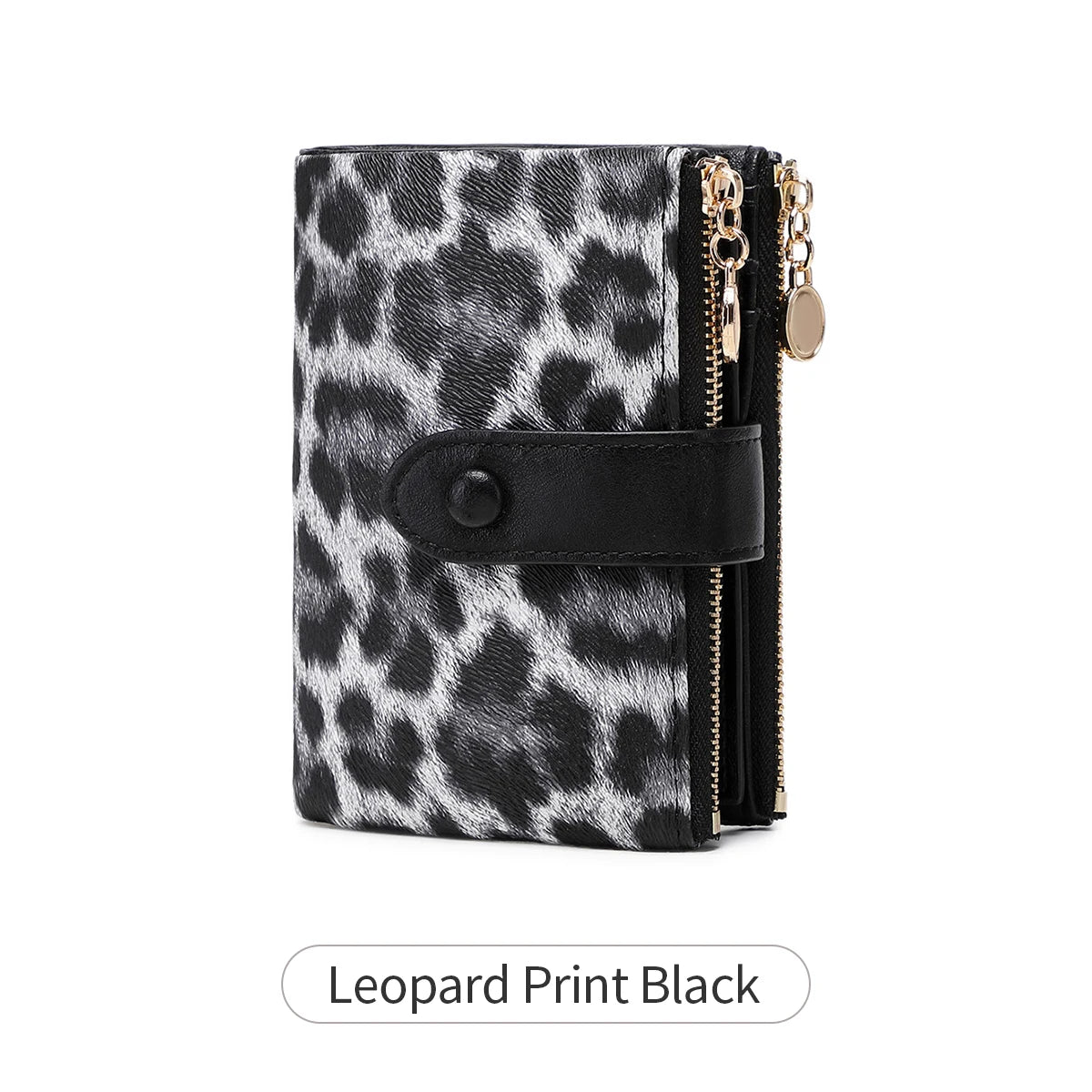 Black leopard print women's wallet with gold-toned zipper and black leather strap