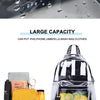 A clear capacity backpack showing various pockets and compartments for travel and school items.