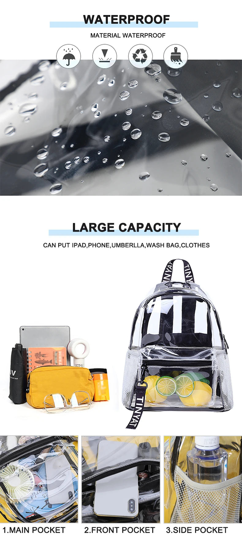 A clear capacity backpack showing various pockets and compartments for travel and school items.