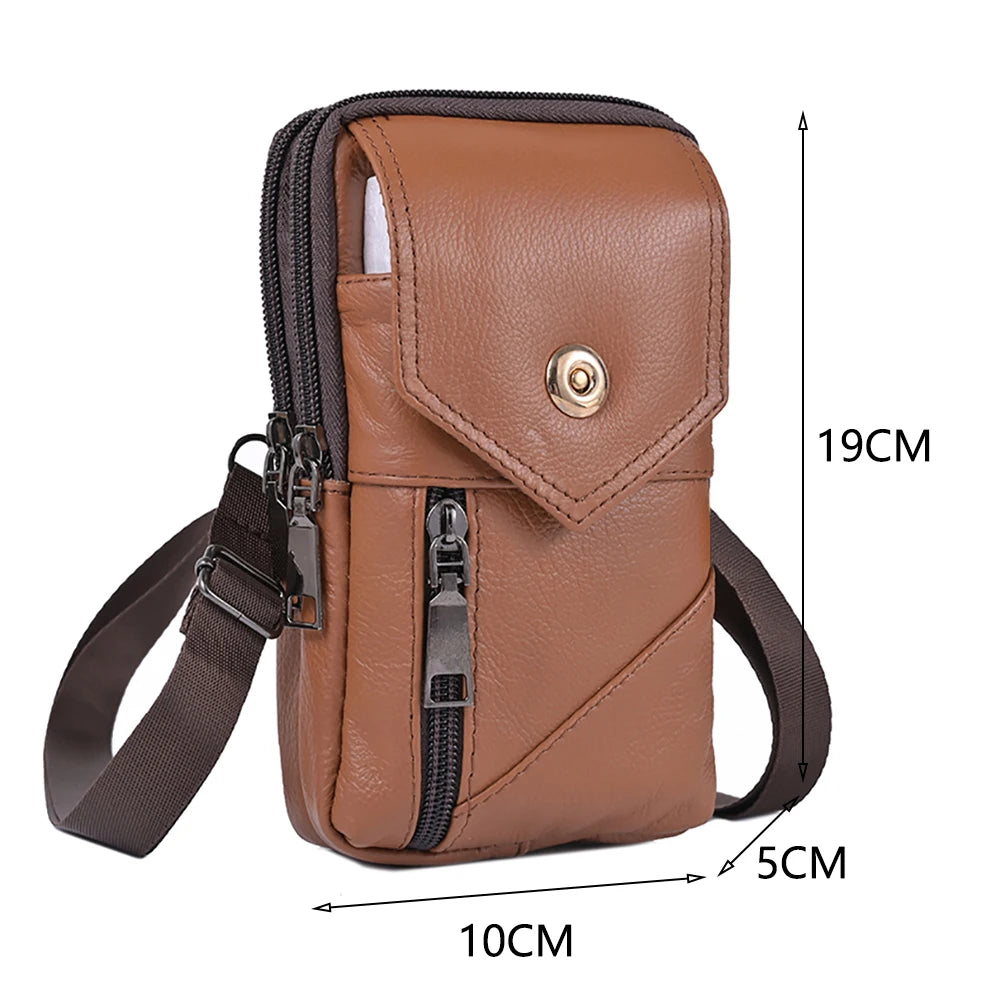 A brown vintage cowhide leather crossbody bag with a zippered compartment and adjustable strap.