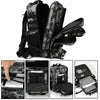 A black tactical backpack with a camouflage pattern showing various compartments and features.