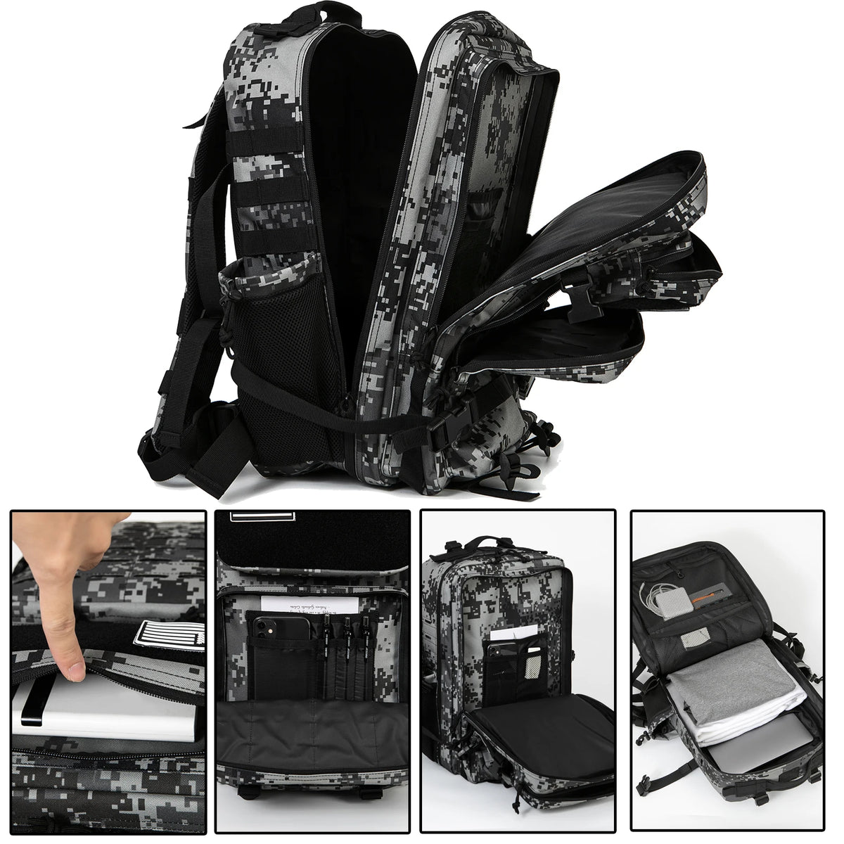 A black tactical backpack with a camouflage pattern showing various compartments and features.