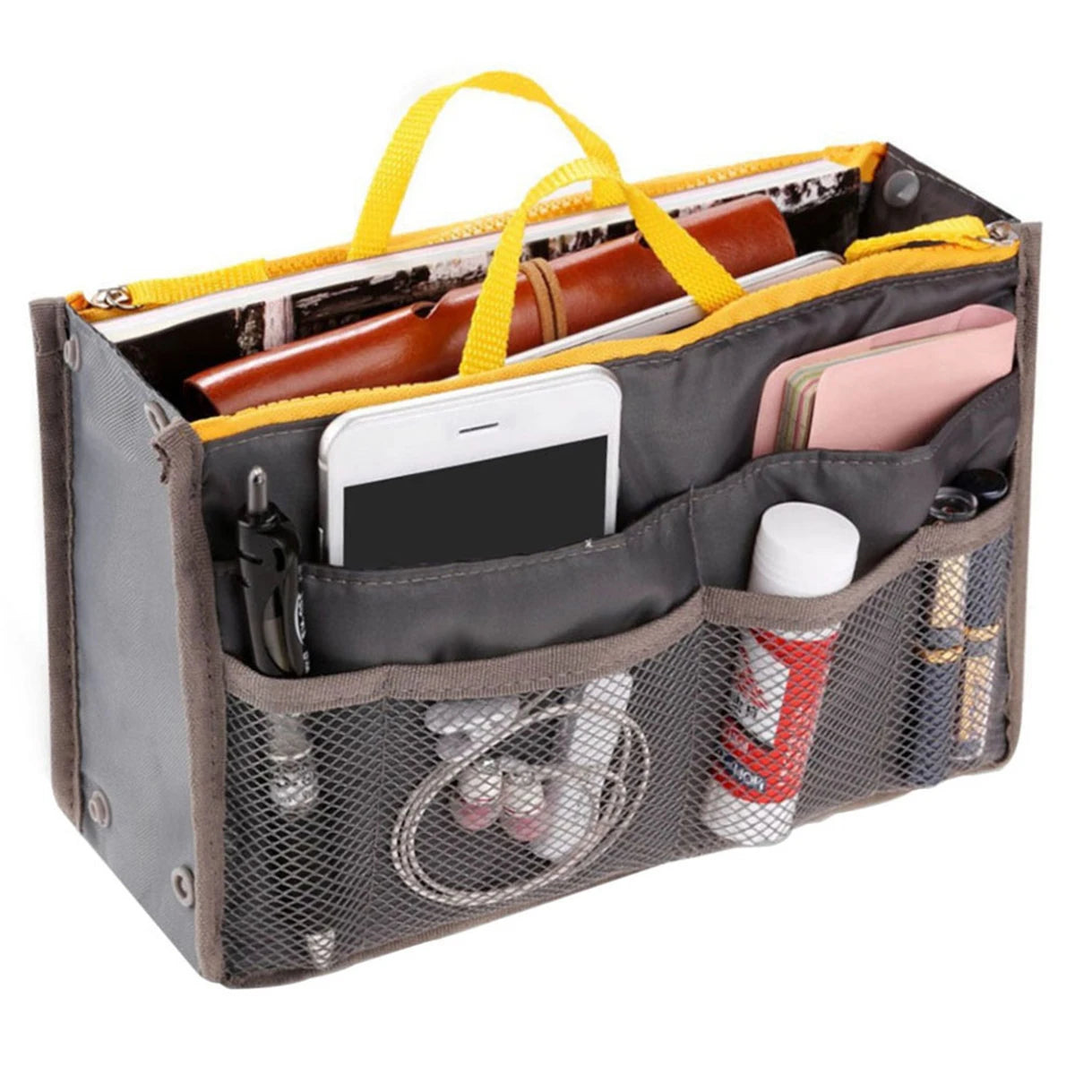 A gray multi-pocket organizer tote bag is shown open, containing various cosmetics and essentials like a smartphone and makeu