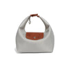 A light gray waterproof nylon crossbody bag with a brown leather strap and flap.