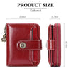 A maroon leather wallet with a clasp closure and card slots shown in both open and closed views.