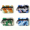Two versions of a floral print mini coin purse with carabiner clips, one in orange and green and one in blue and black.