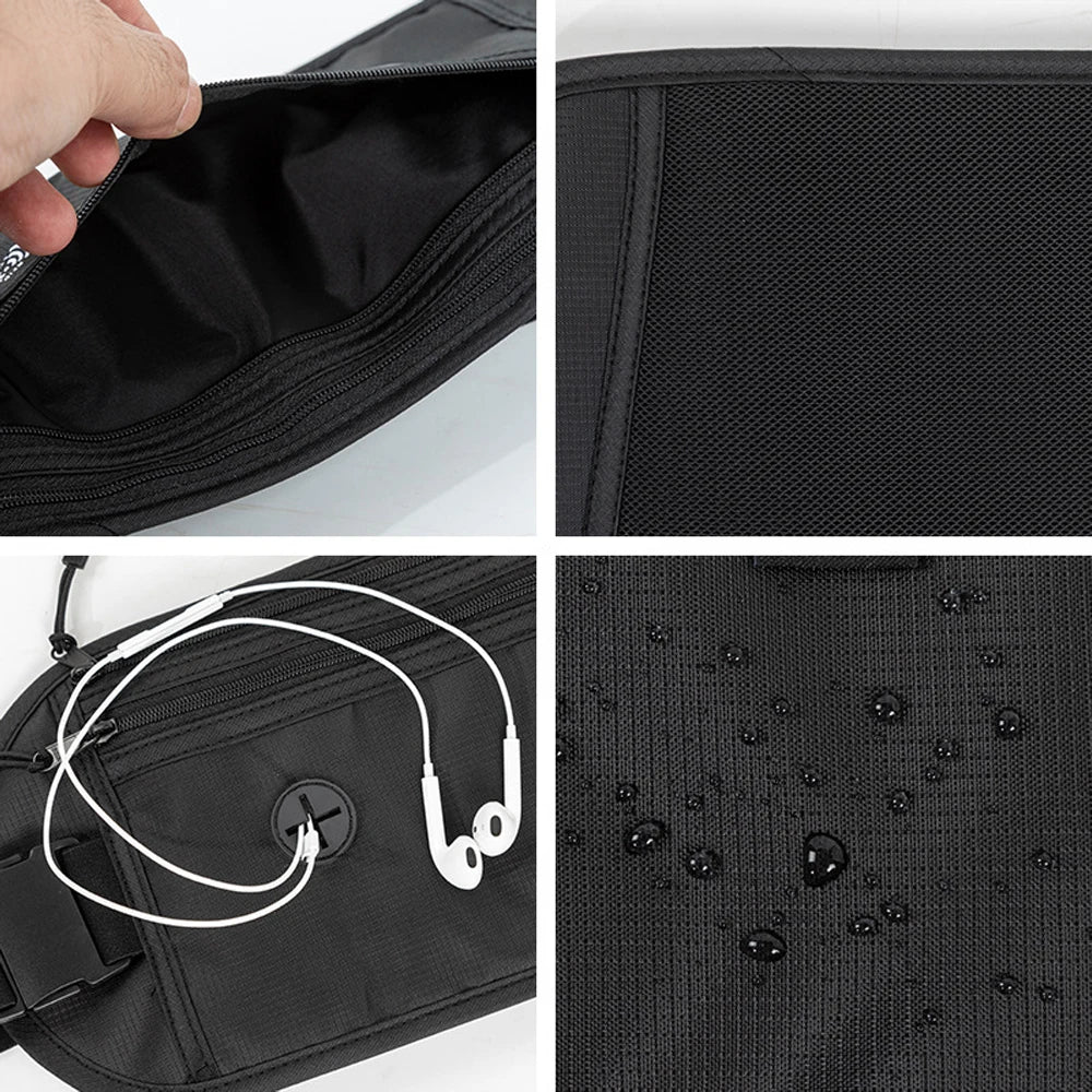 Close-up views of a black RFID blocking anti-theft money belt showing the interior lining and external features.