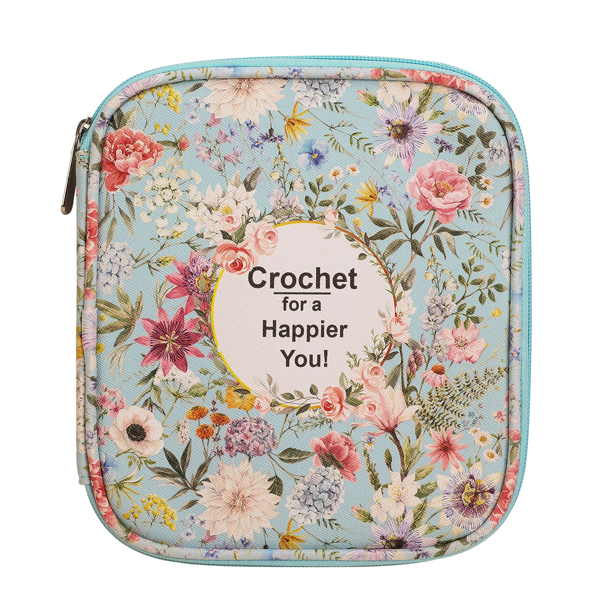 A light green storage bag featuring a floral pattern for crochet and sewing accessories.