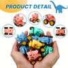 A hand holds a collection of mini pull-back dinosaur cars in various colors and styles.