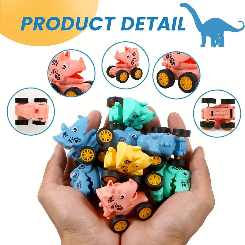 A hand holds a collection of mini pull-back dinosaur cars in various colors and styles.